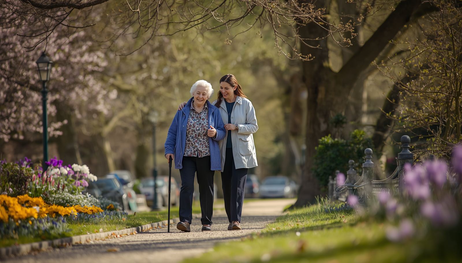 Carer and client walking together in a London park