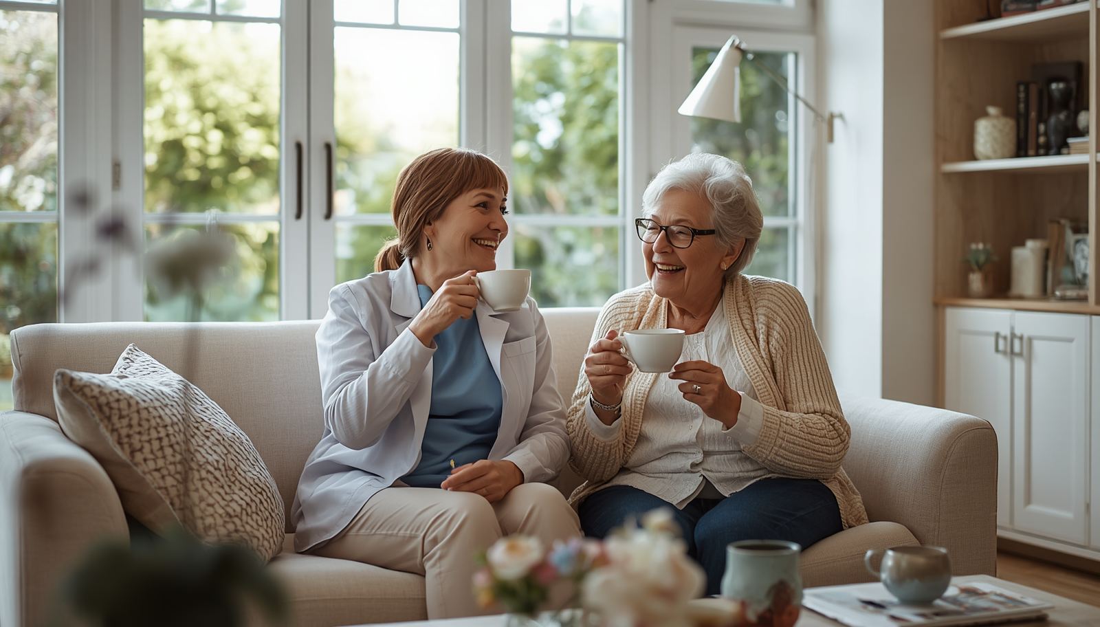 Aquarius carer sharing a cup of tea and a conversation with a client at home